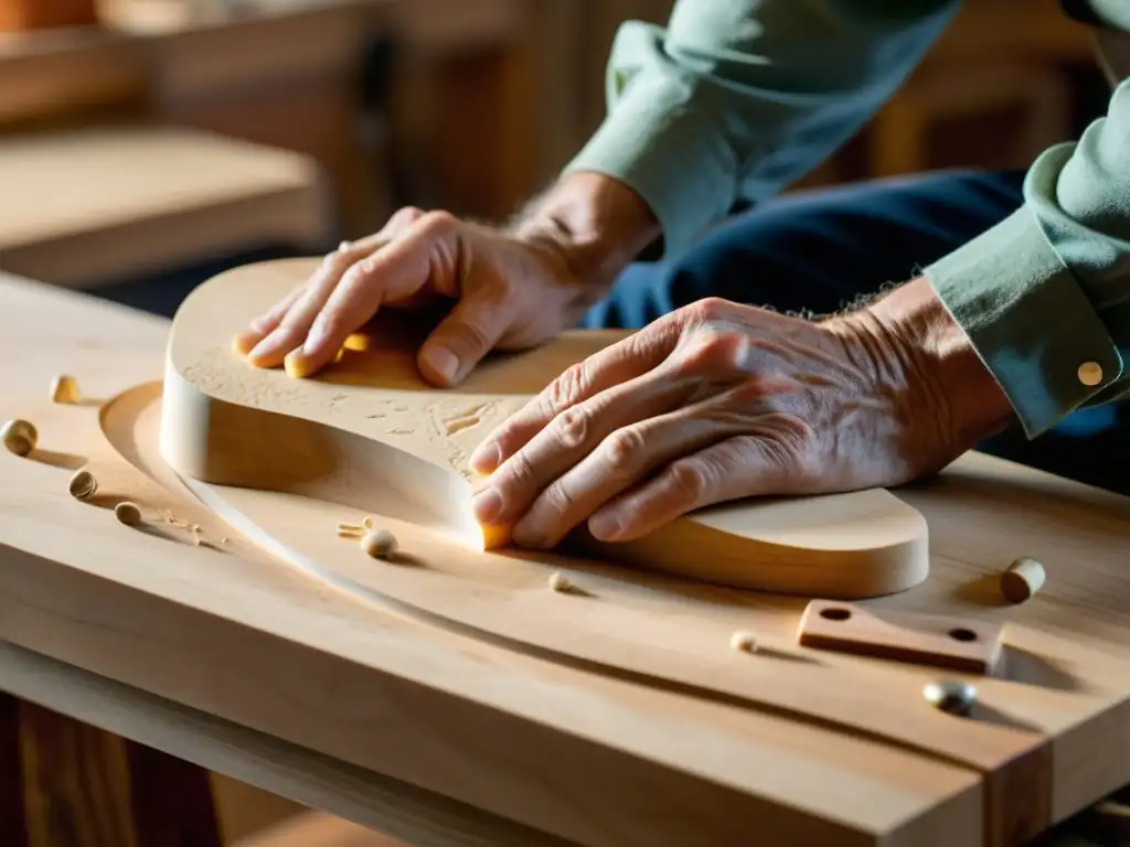 Un artesano experto talla con precisión la madera de arce en su taller, creando el cuerpo de un dulcémele apalache