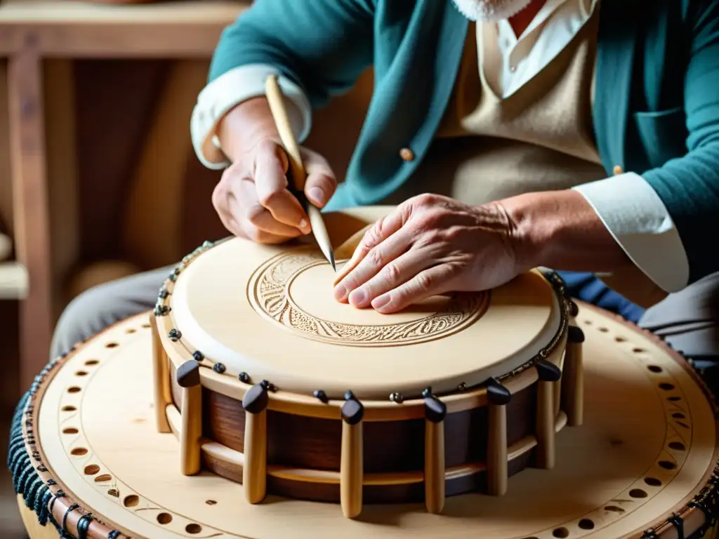 Artesano tallando bodhrán: tradición y destreza Un artesano experto talla con precisión un tradicional tambor bodhrán, resaltando la historia y construcción del bodhrán