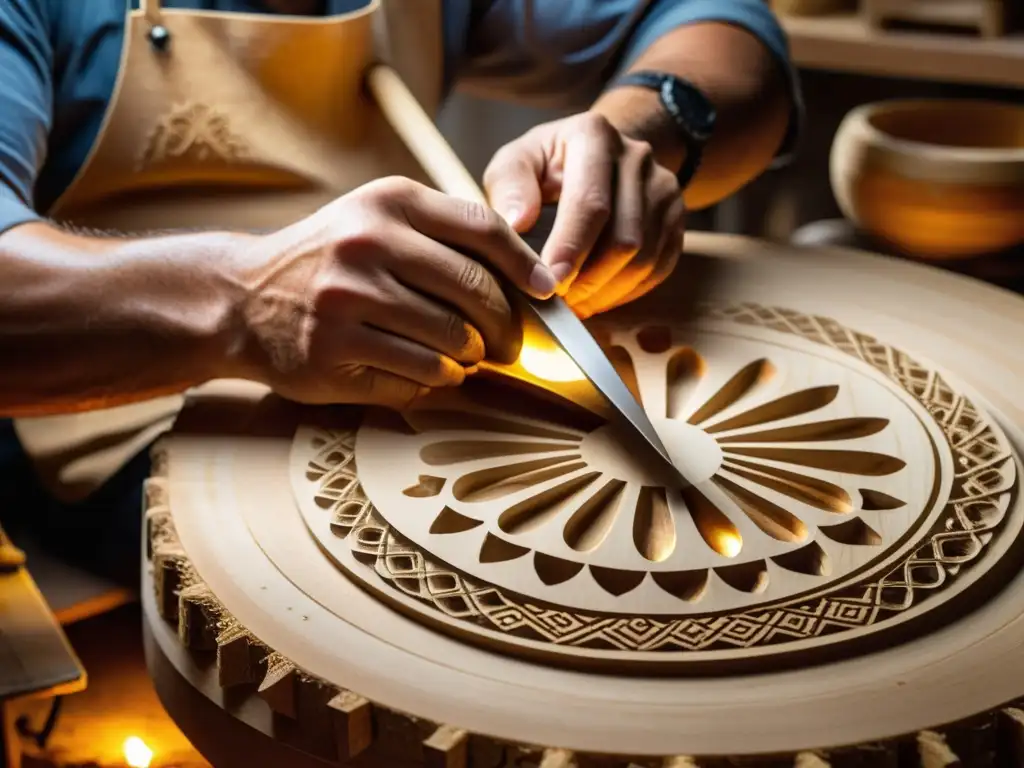 Un artesano experto talla con precisión un bouzouki griego tradicional, rodeado de herramientas y materiales, en un taller iluminado cálidamente