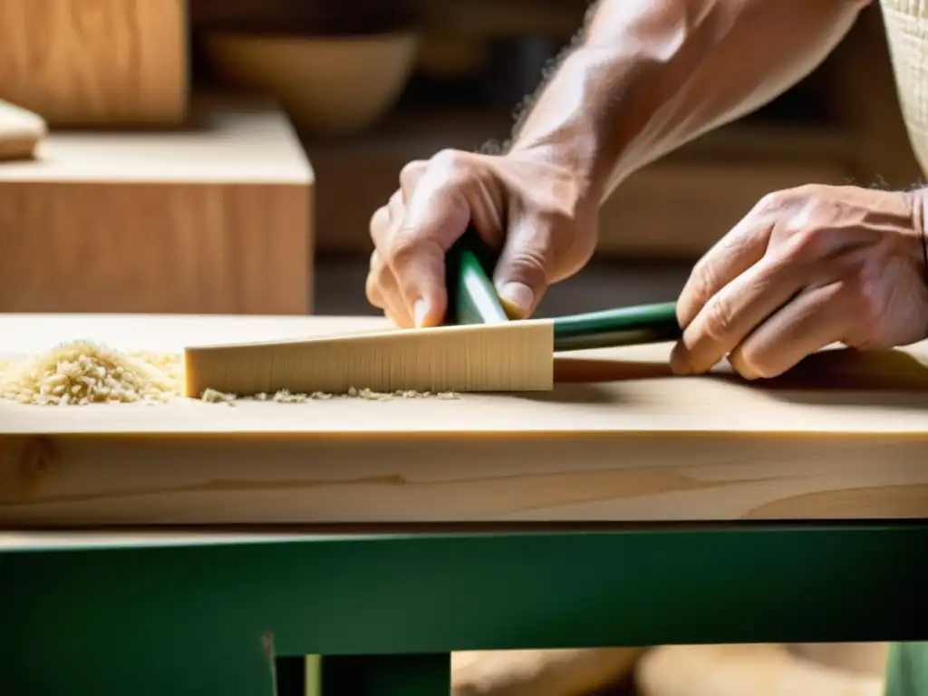 Un artesano experto talla con precisión una lengüeta de corno inglés en su taller, con destreza y dedicación