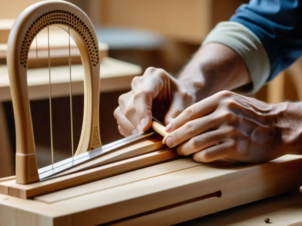 Un artesano experto talla con precisión un armazón moderno de arpa con materiales modernos, fusionando tradición y vanguardia en su construcción