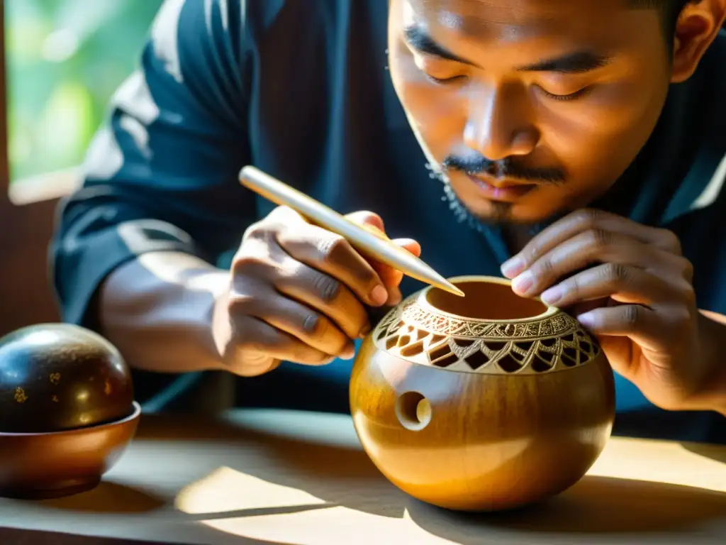 Un artesano experto talla con precisión una calabaza en forma de flauta hulusi, mostrando su dedicación por la historia y construcción del hulusi