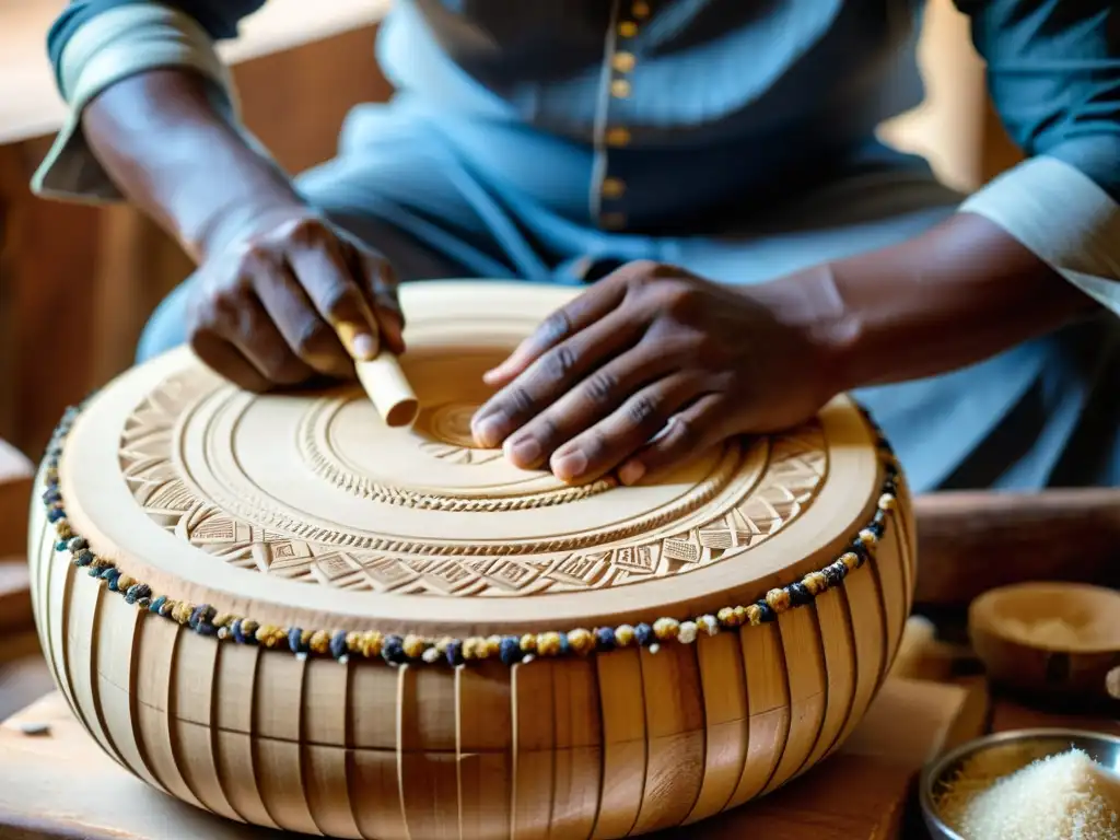 Un artesano experto talla con precisión la madera para crear el cuerpo de un mridangam, con marcas tradicionales en sus manos