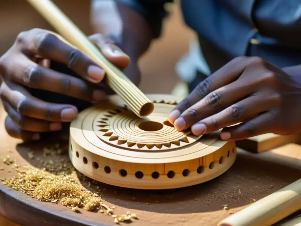 Un artesano experto en Madagascar talla con precisión un instrumento tradicional Valiha, destacando la artesanía de este instrumento único