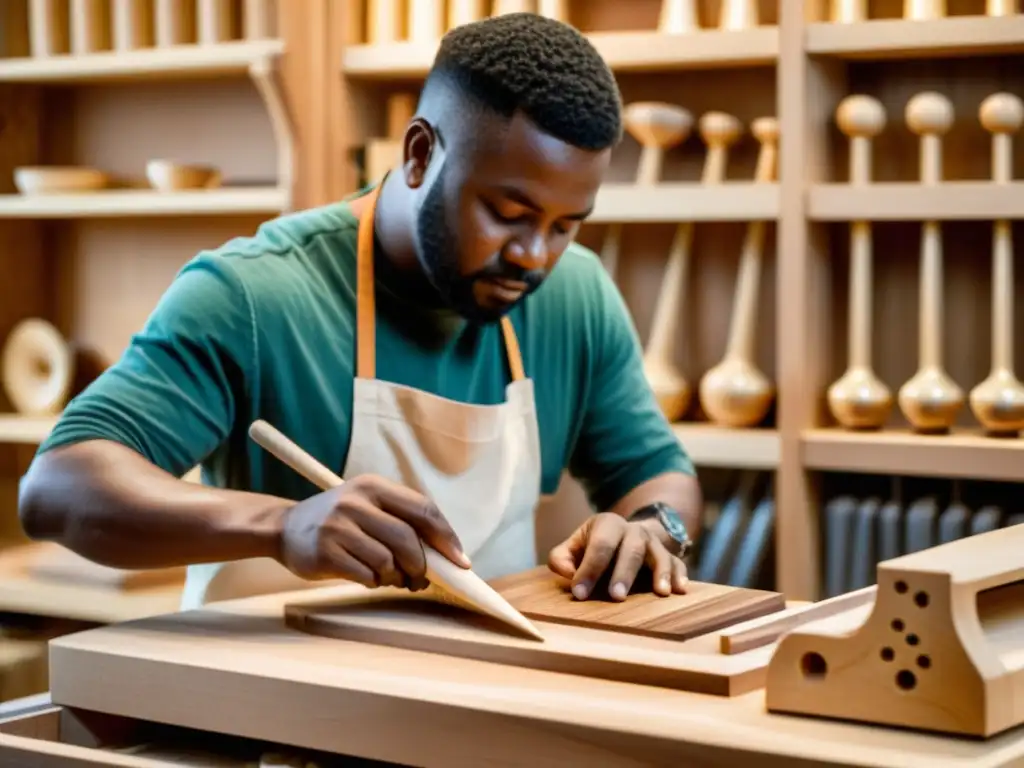 Un artesano experto talla con precisión una hermosa guitarra de madera sostenible