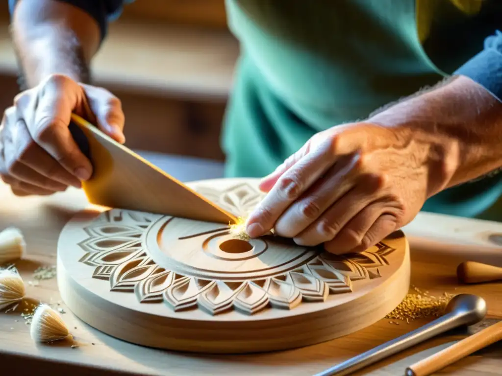 Un artesano experto talla con precisión un dulcémele instrumento musical Apalaches en madera, mostrando su dedicación y destreza artesanal