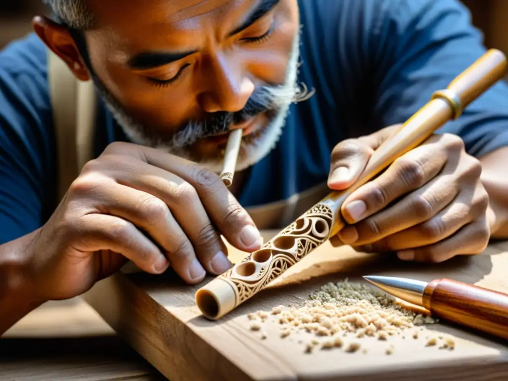 Un artesano experto talla con precisión una flauta travesera en madera, creando diseños intrincados