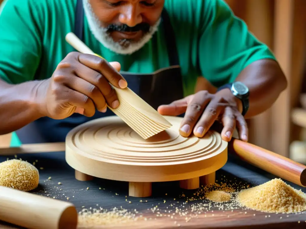 Un artesano experto talla con precisión los componentes de madera de una gaita, destacando la reinvención contemporánea de la gaita