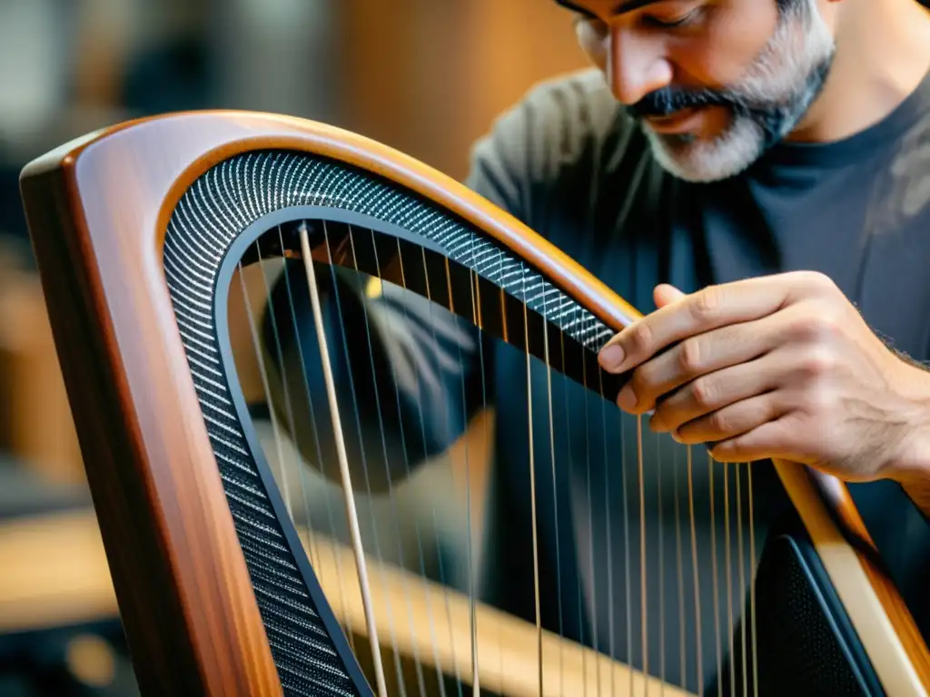 Un artesano experto talla con precisión un marco de arpa moderna con materiales avanzados en un taller hightech, fusionando tradición y técnicas modernas de construcción de arpas