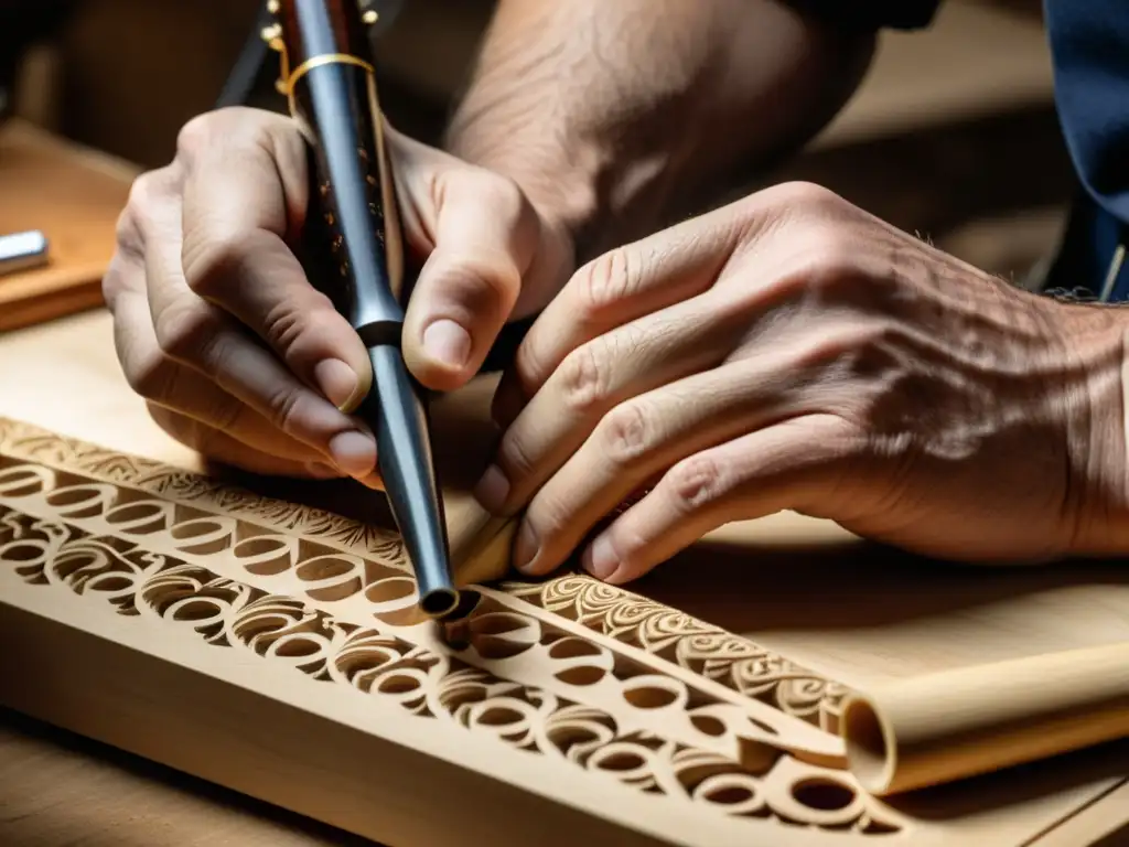 Un artesano experto talla con precisión una pieza de madera de alta calidad para crear un oboe o clarinete