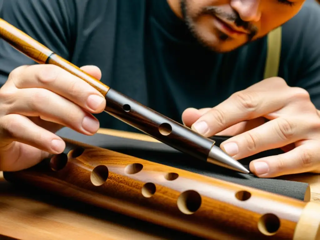 Un artesano experto talla con precisión una pieza de madera de granadilla para un componente de oboe o clarinete