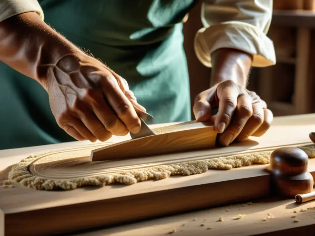 Un artesano experto talla con precisión una barra de madera para un xilófono, capturando la esencia de la fabricación de instrumentos sostenibles