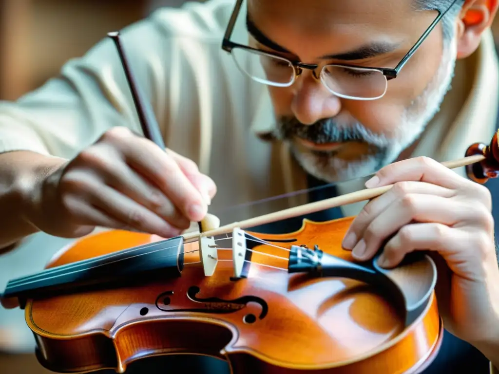 Un artesano experto talla con precisión una pieza de madera de arce para crear el cuerpo de un violín, resaltando la conexión entre la madera y el sonido de los violines