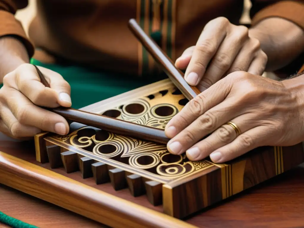 Un artesano experto talla con precisión las teclas de madera de un balafón, destacando la construcción y sonido del balafón