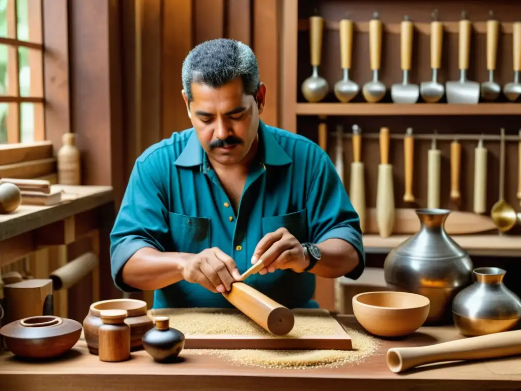 Un artesano experto talla con maestría un tradicional Cuatro venezolano, rodeado de herramientas de carpintería