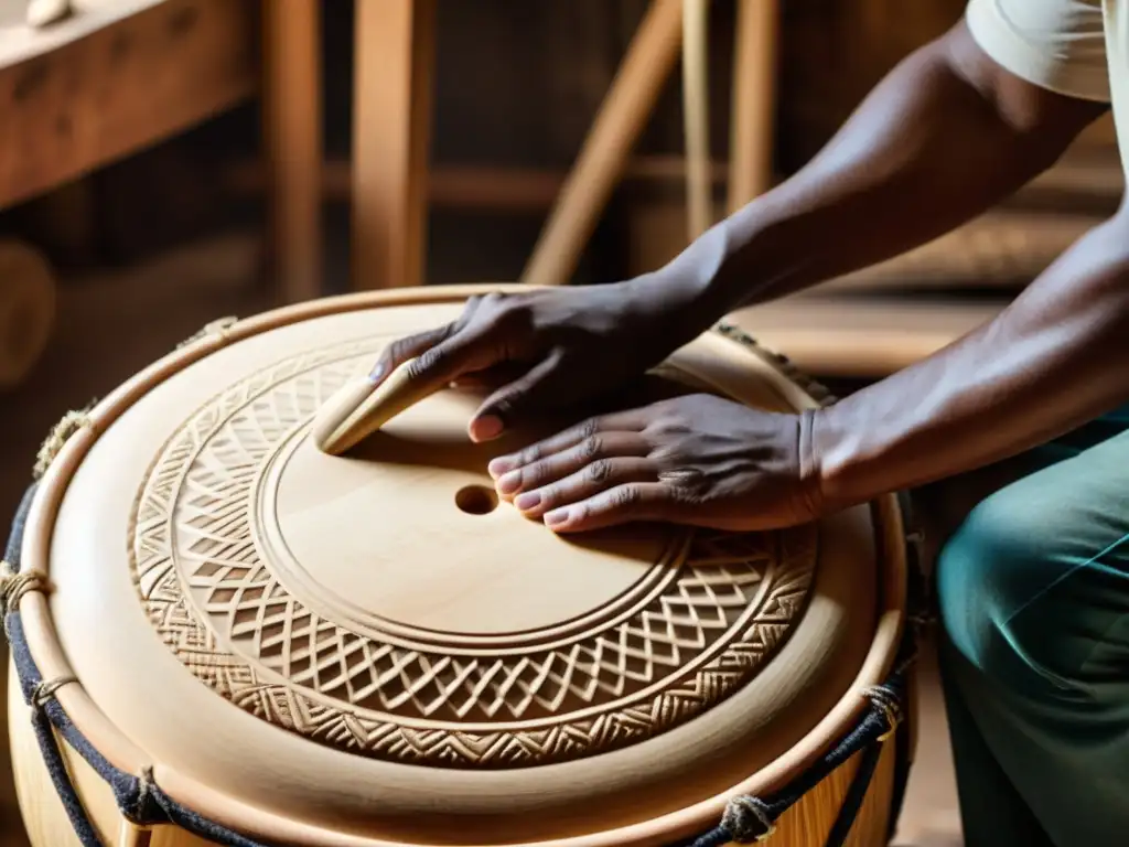 Un artesano experto talla una tumbadora, mostrando el origen y construcción de tumbadora con herramientas tradicionales en un taller