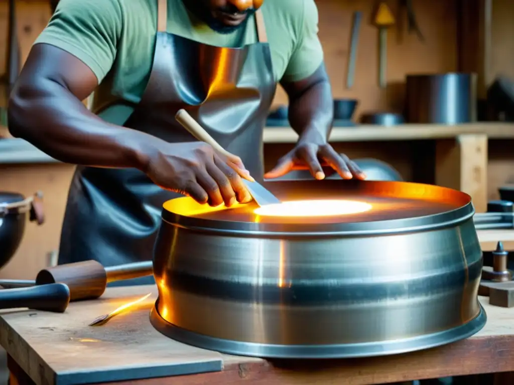 Un artesano experto moldea un steel drum en un taller vibrante, reflejando el origen y evolución del steel drum en el Caribe