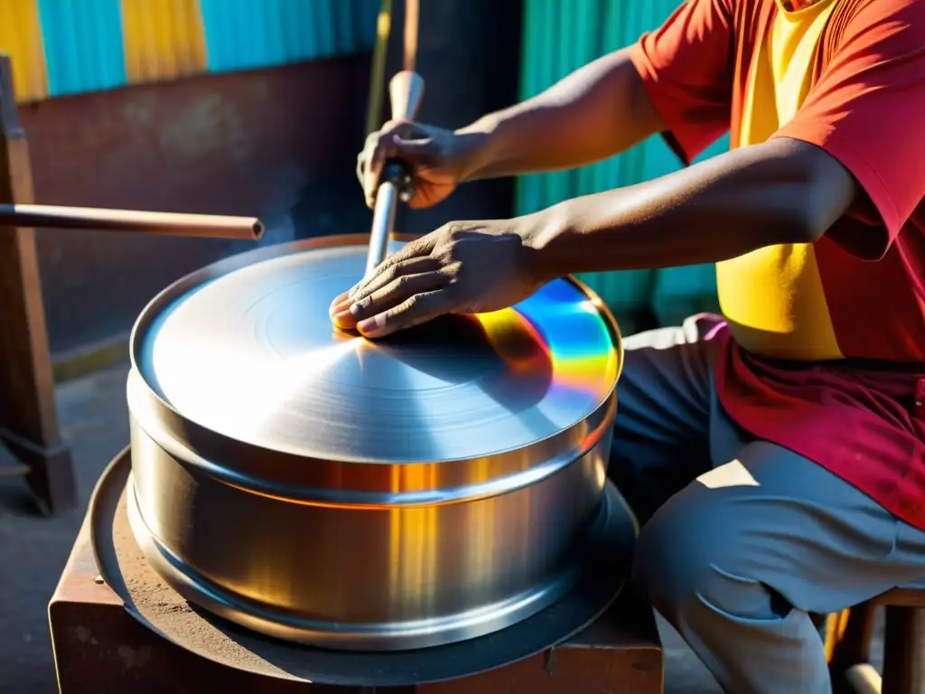 Un artesano experto moldea con precisión un tambor de acero en las animadas calles de Trinidad y Tobago, evocando el origen y evolución del steel drum