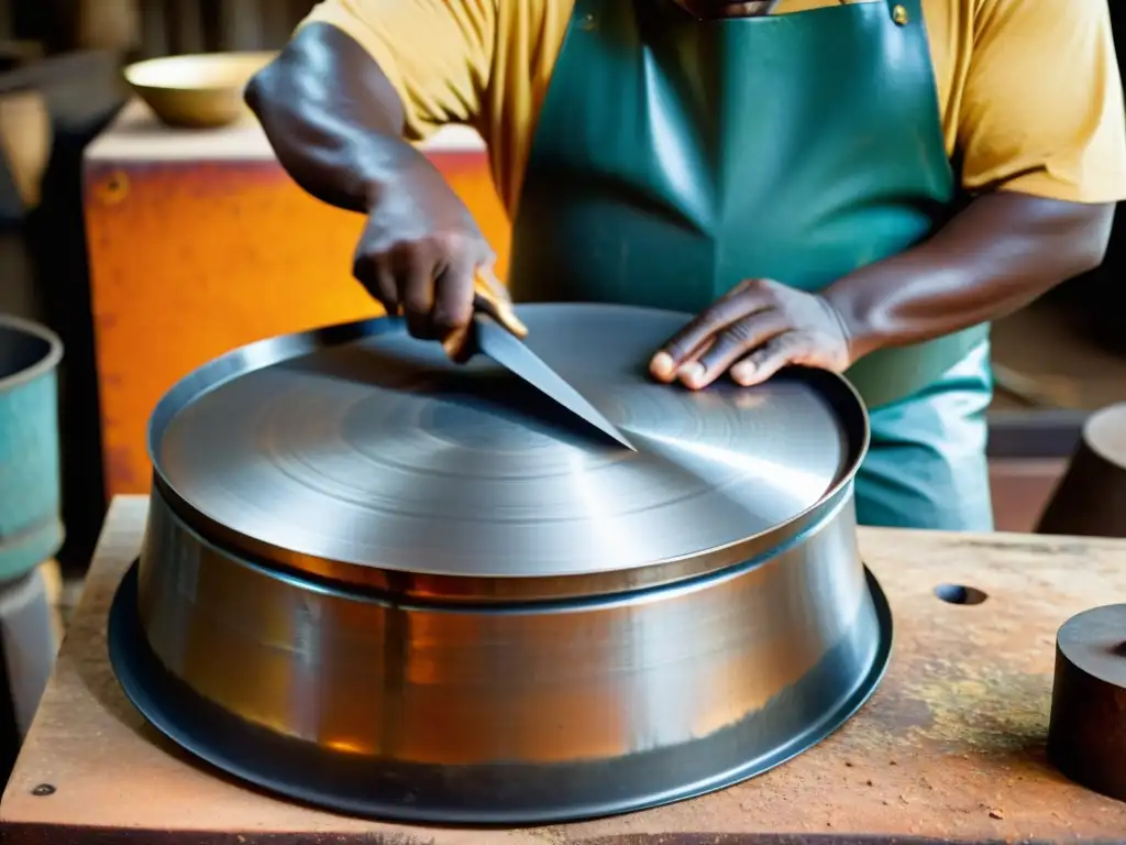 Un artesano experto martillea con precisión un tambor de acero caribeño en un taller colorido