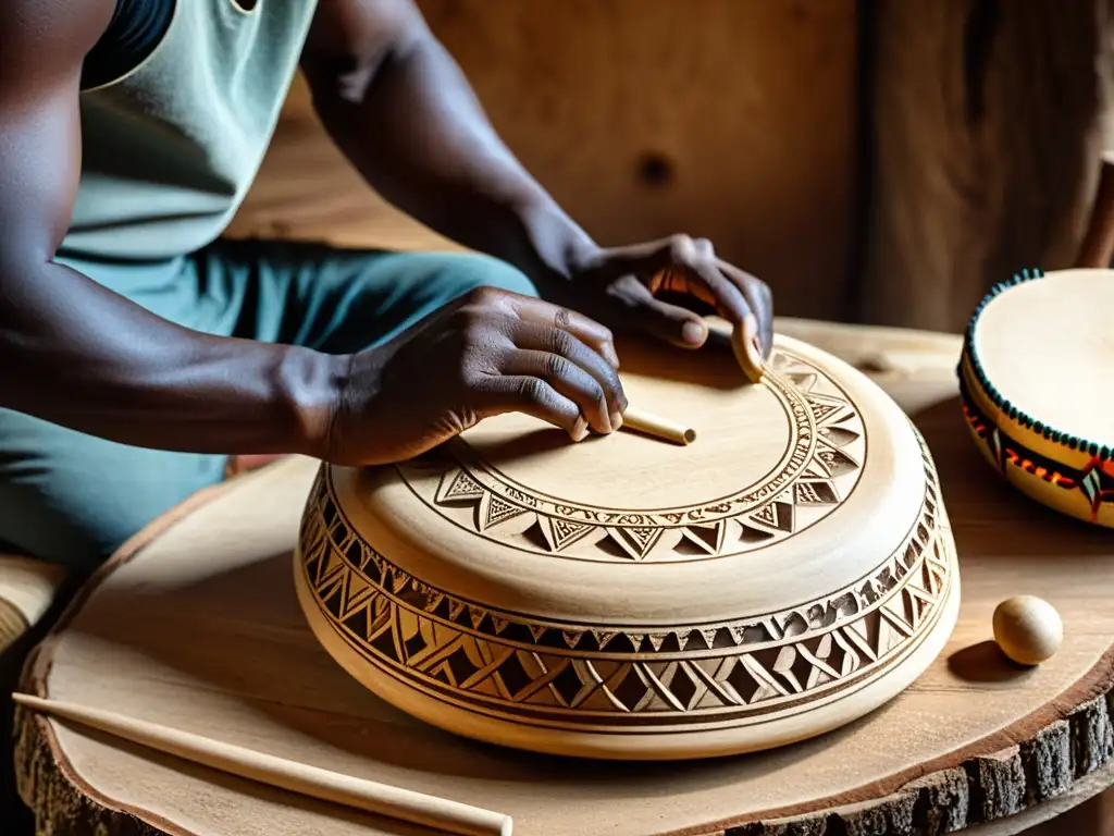 Artesano experto tallando un tambor de mano de madera, resaltando la artesanía y la historia del tambor de mano