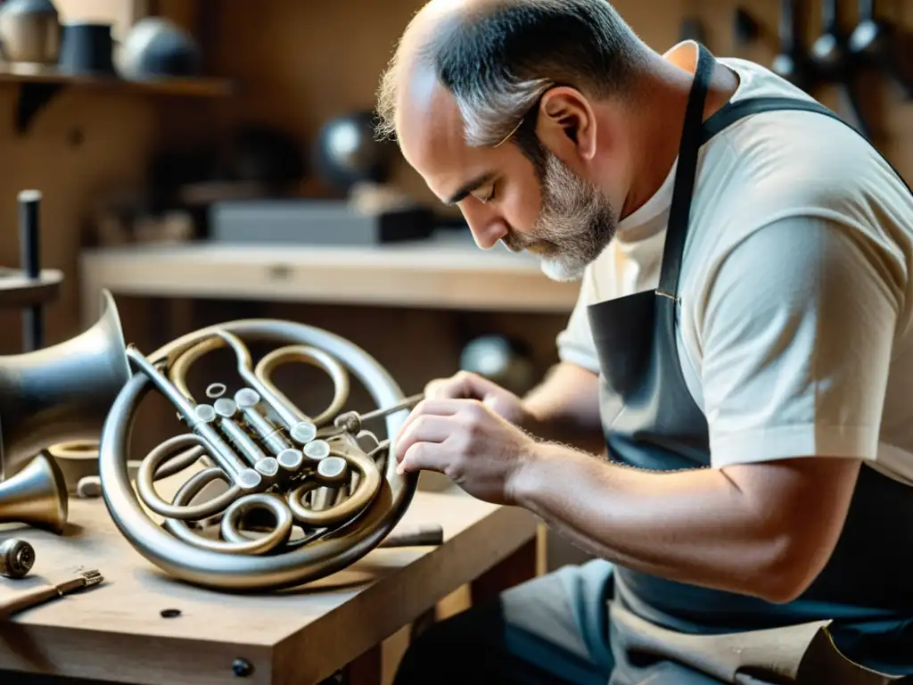 Un artesano experto moldea cuidadosamente una trompa francesa con aleaciones ligeras, fusionando la tradición con la innovación en acústica