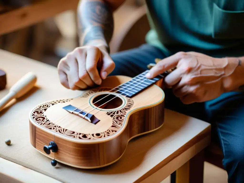 Un artesano experto tallando un ukelele ecológico, destacando la artesanía orgánica y el compromiso con la sostenibilidad