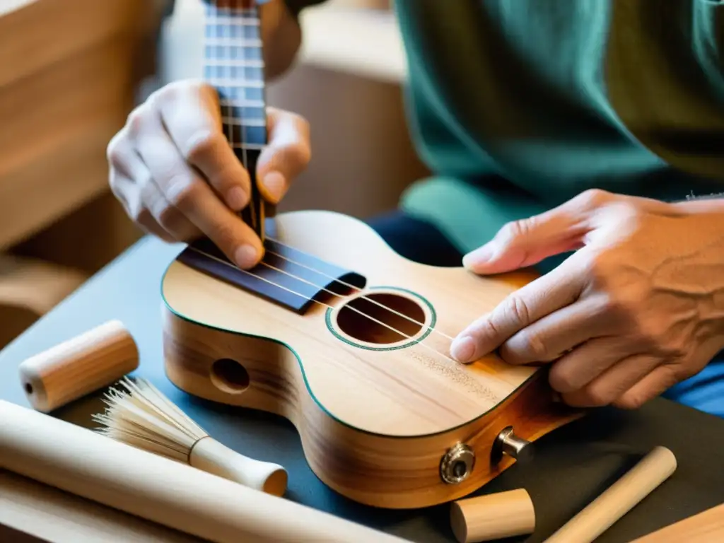 Un artesano experto confecciona un ukelele de madera sostenible, destacando la tradición y respeto por el medio ambiente en la producción de ukeleles