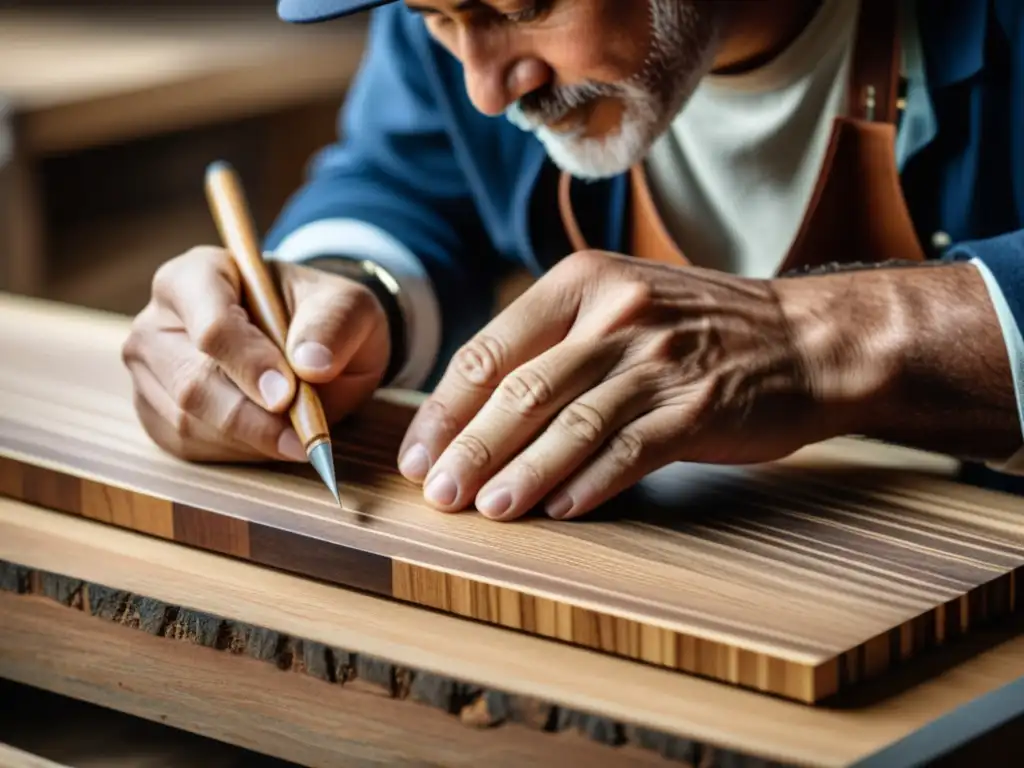 Un artesano experto examina detenidamente las vetas de diferentes tipos de madera para baterías, transmitiendo tradición y detalle