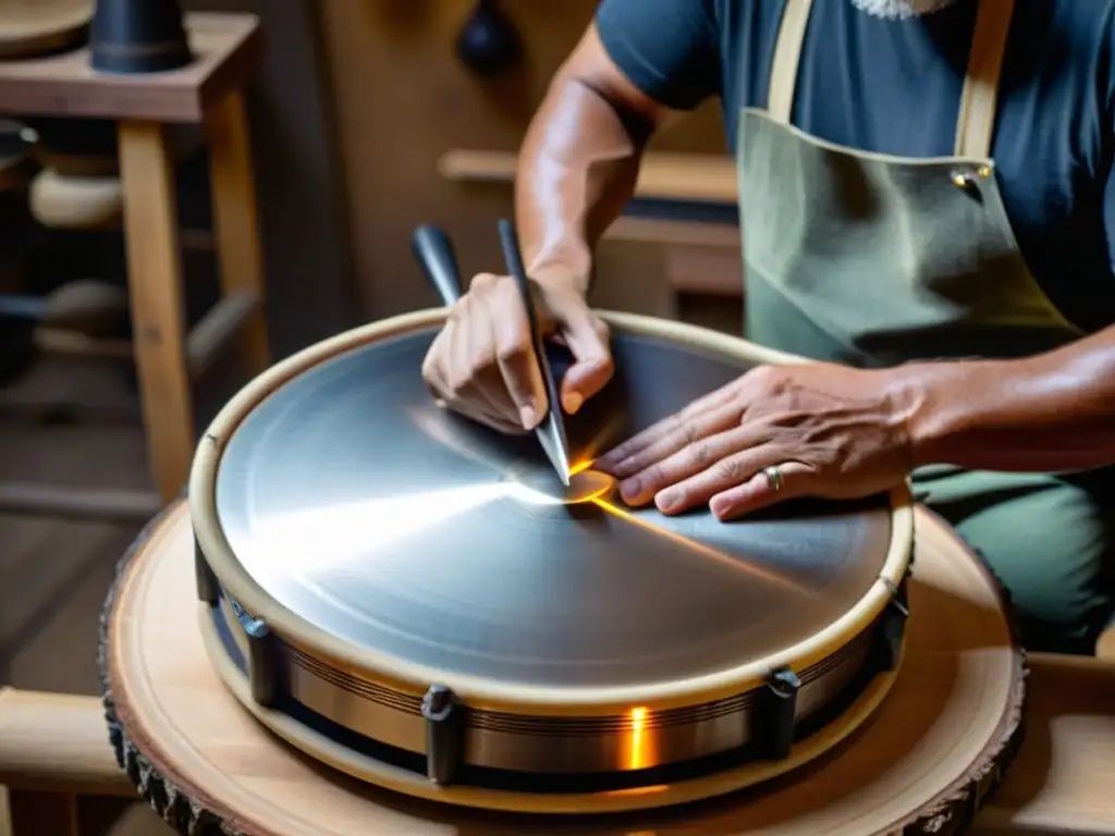 Un artesano experto da vida a un hang drum con dedicación y destreza, resaltando la meticulosidad en la creación de este instrumento único