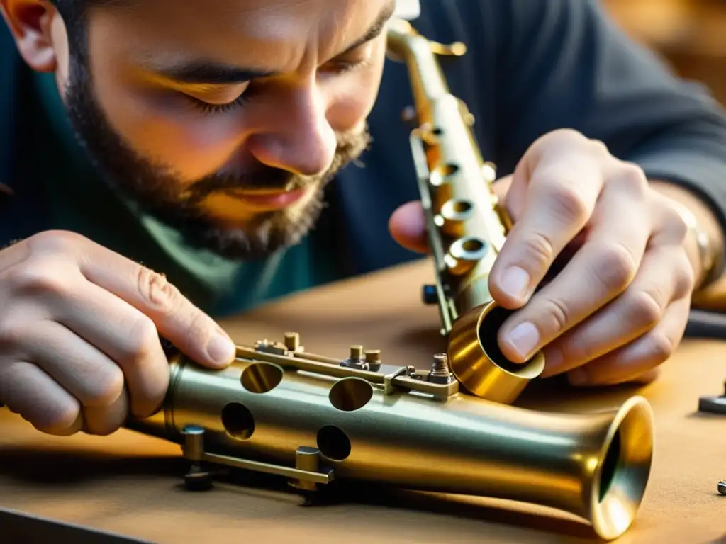 Un artesano experto da vida al saxofón con precisión, destacando las técnicas de construcción del saxofón