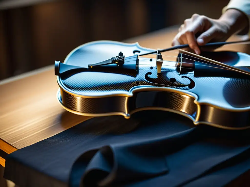 Un artesano experto elabora cuidadosamente un violín de fibra de carbono en un taller tenue