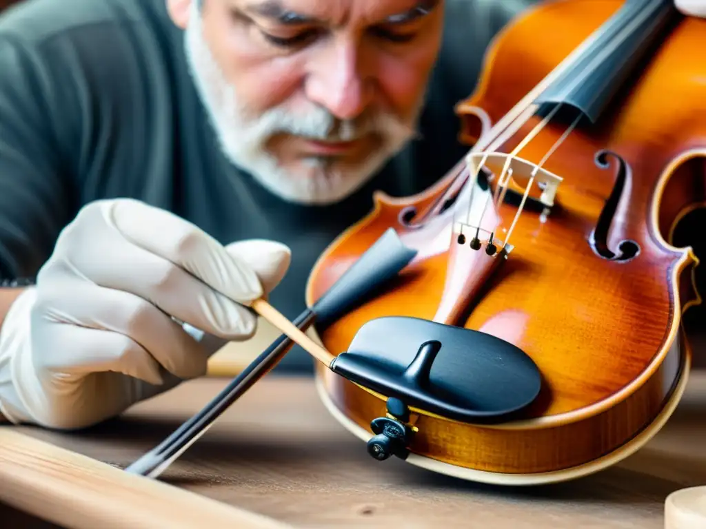 Un artesano experto restaura detalladamente un violín vintage, aplicando barniz con precisión