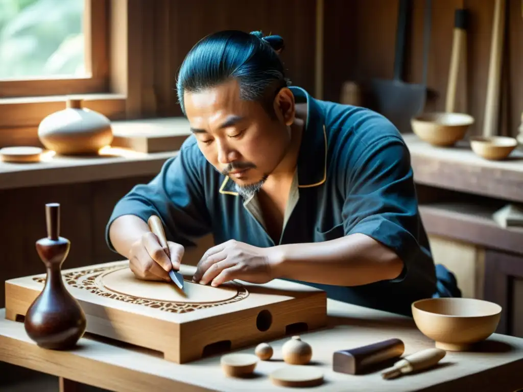 Un artesano experto talla un yangqin en madera pulida, rodeado de herramientas tradicionales