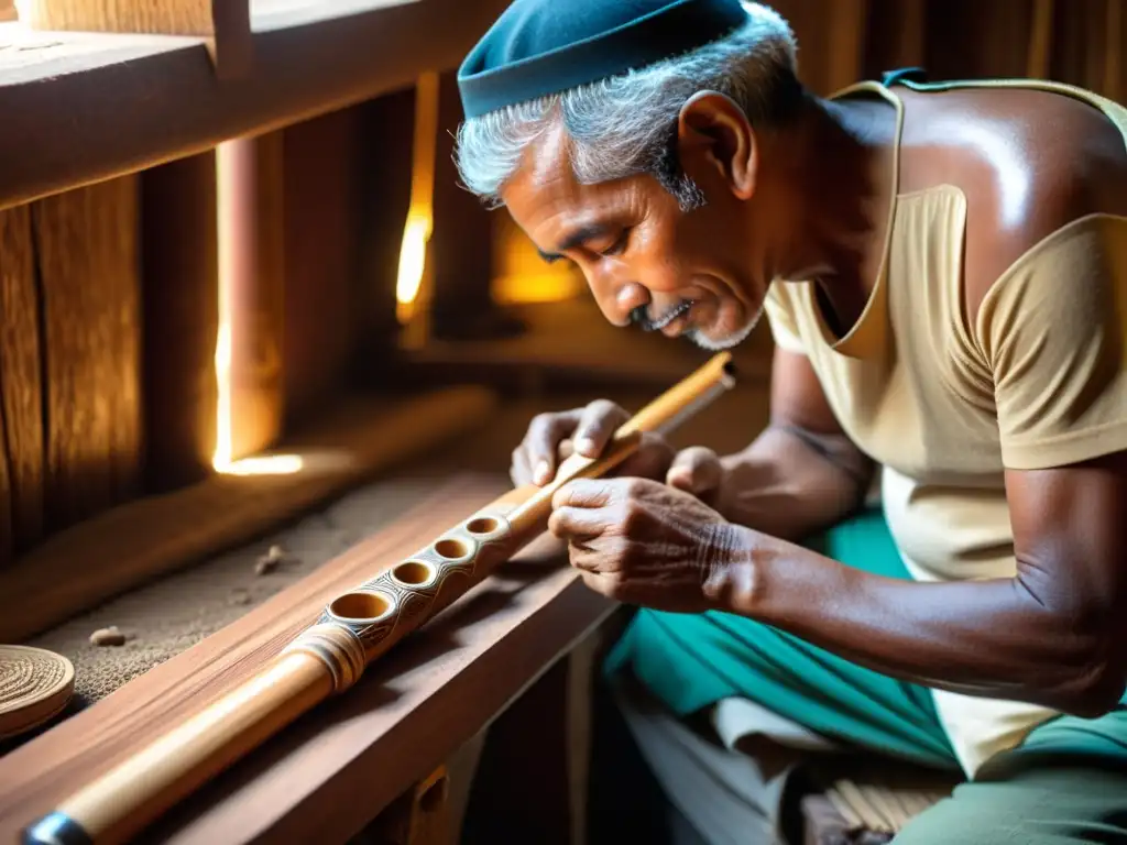 Un artesano experto tallando una Zampoña Andina tradicional con herramientas intrincadas, demostrando destreza y dedicación