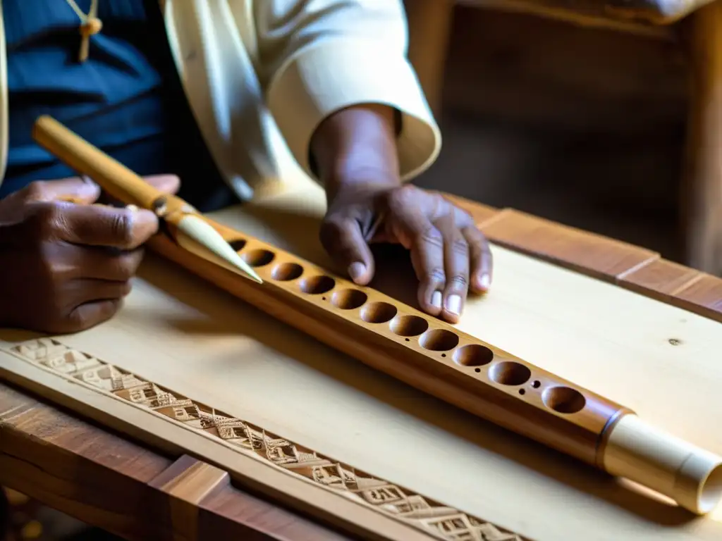 Un artesano experto crea una Zampoña Andina, mostrando la dedicación y destreza en la construcción de este icónico instrumento