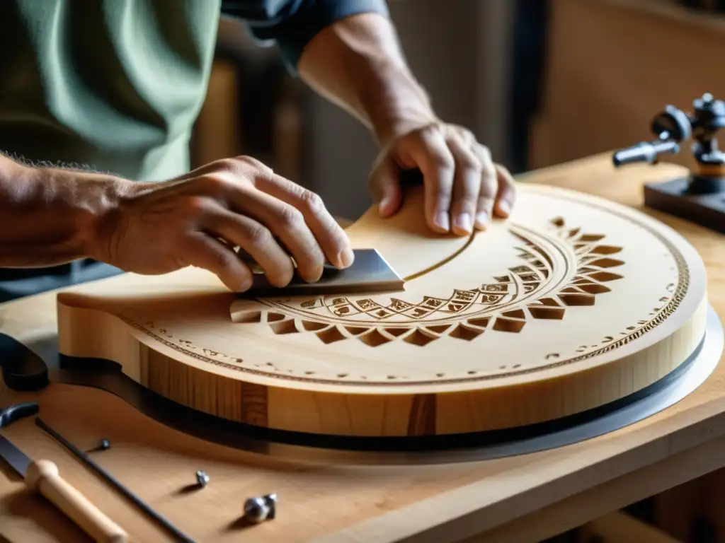 Artesano tallando fina madera de abeto para la construcción y sonido del contrabajo acústico brasileño, destacando la destreza y dedicación artesanal