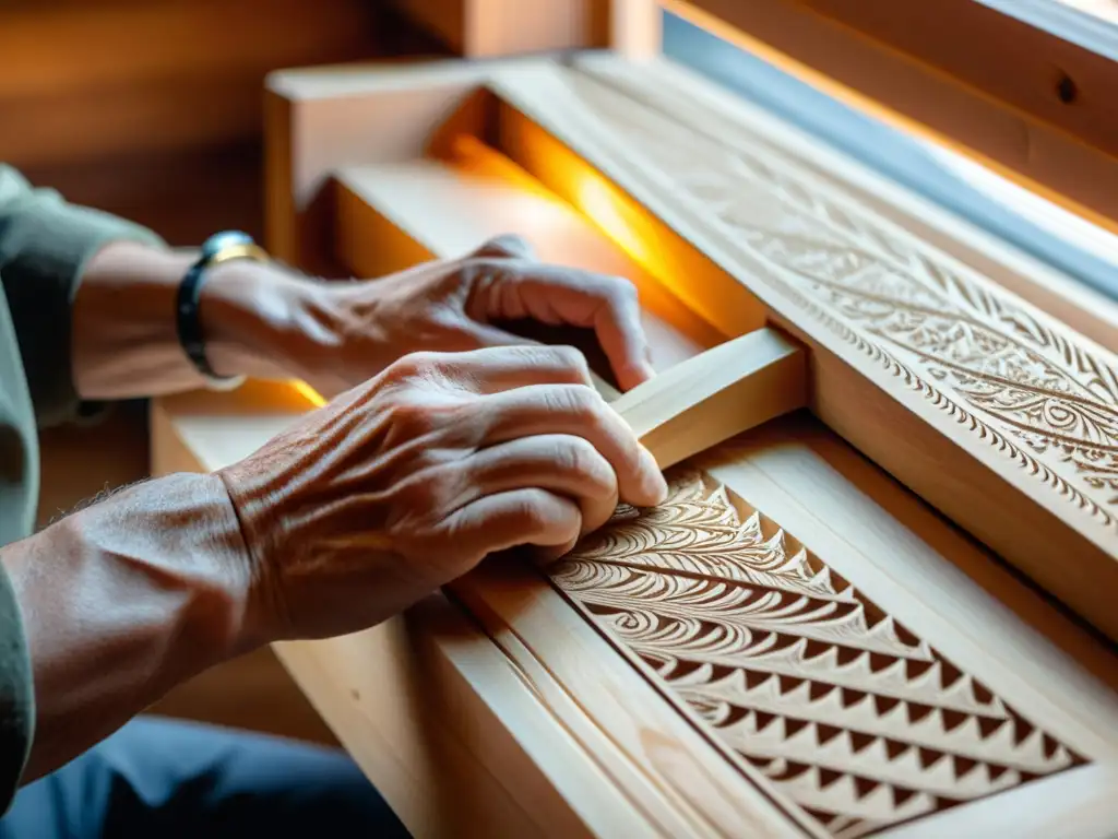 Un artesano finlandés experto tallando con precisión el cuerpo de un kantele tradicional, con luz solar iluminando la madera