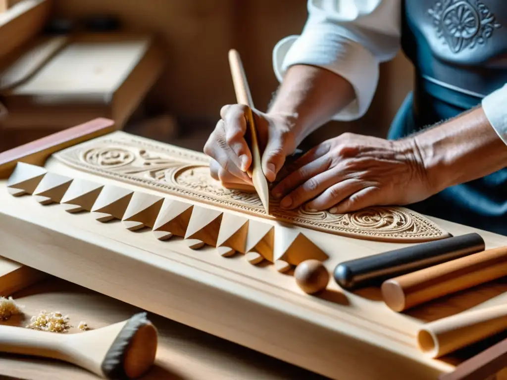 Un artesano finlandés tallando con precisión un kantele, mostrando la historia y la construcción del icónico instrumento finlandés