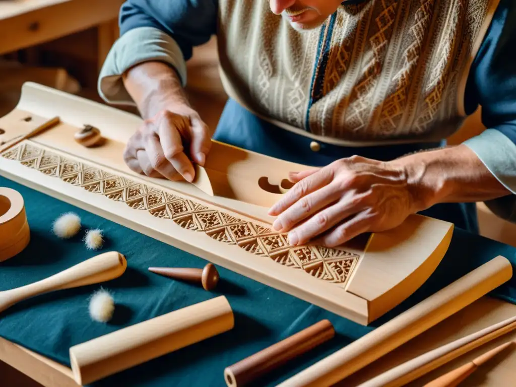 Un artesano finlandés talla con cuidado un Kantele tradicional rodeado de herramientas de carpintería