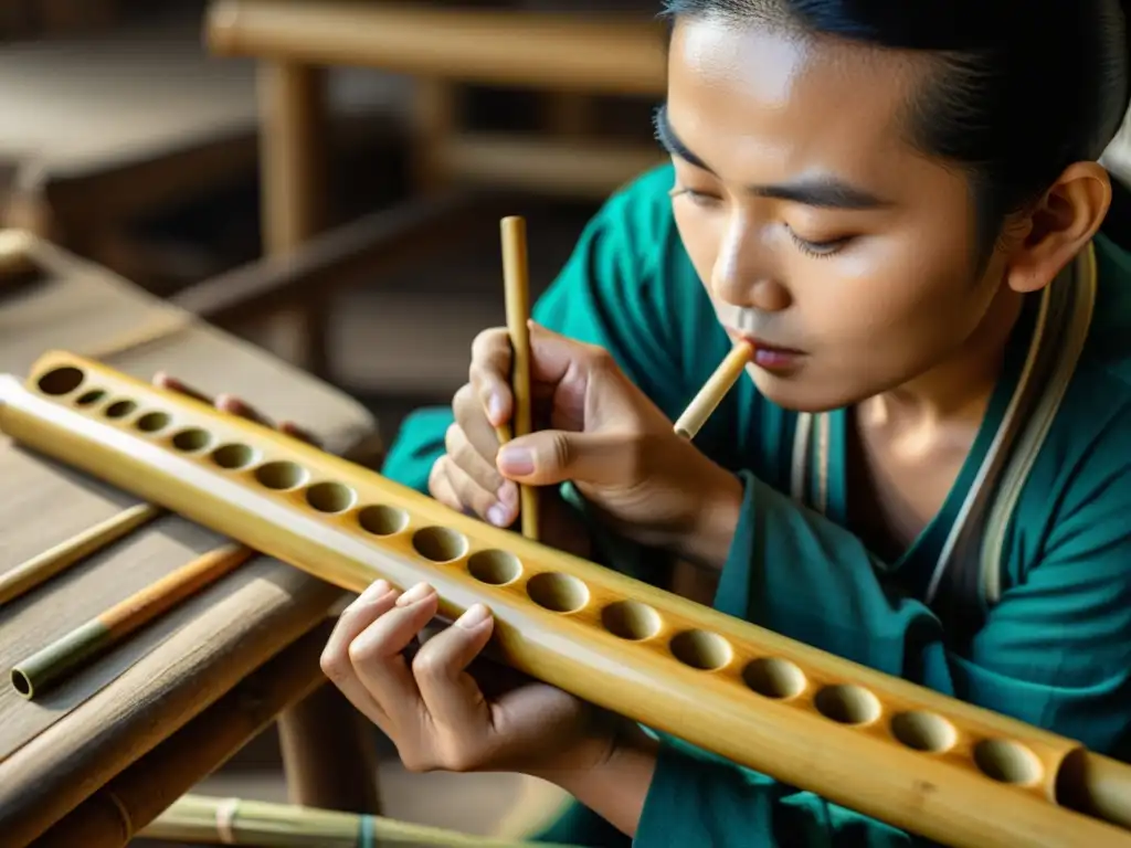 Un artesano crea una flauta de bambú en un taller rústico, con detalles intrincados