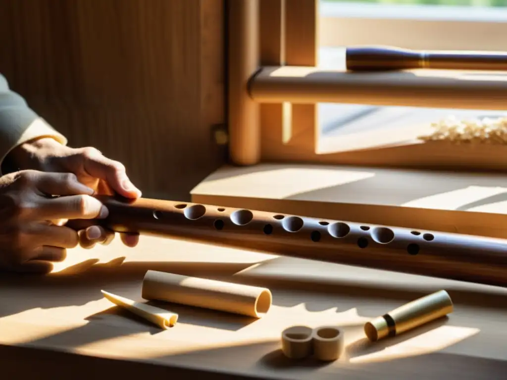 Artesano elabora flauta de madera con dedicación y destreza