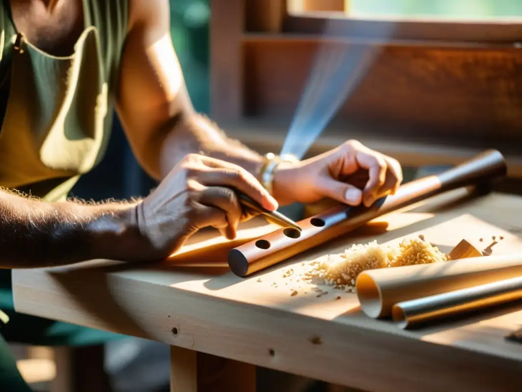 Un artesano crea una flauta de madera con diseños intrincados, rodeado de herramientas, en un taller iluminado por luz natural