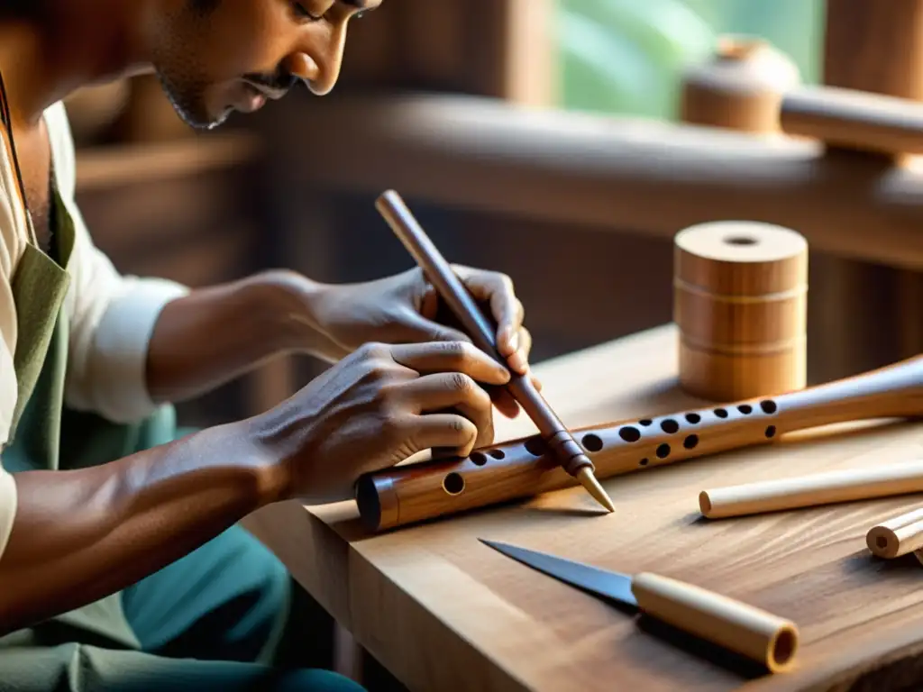 Artesano creando flauta de madera con materiales sostenibles, destaca la artesanía y dedicación a la producción ecológica instrumentos viento