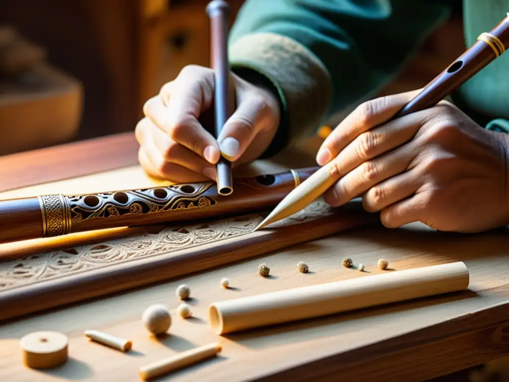 Artesano tallando detalladamente una flauta de madera con motivos de la naturaleza