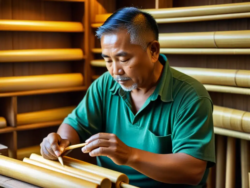 Un artesano de flauta pan talla bambú con cuidado, iluminado por la cálida luz del taller