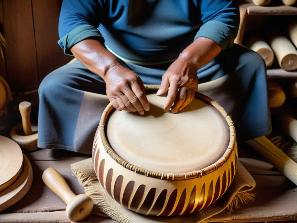 Un artesano hábil da forma a un bombo legüero tradicional, resaltando la historia y sonido de este instrumento argentino