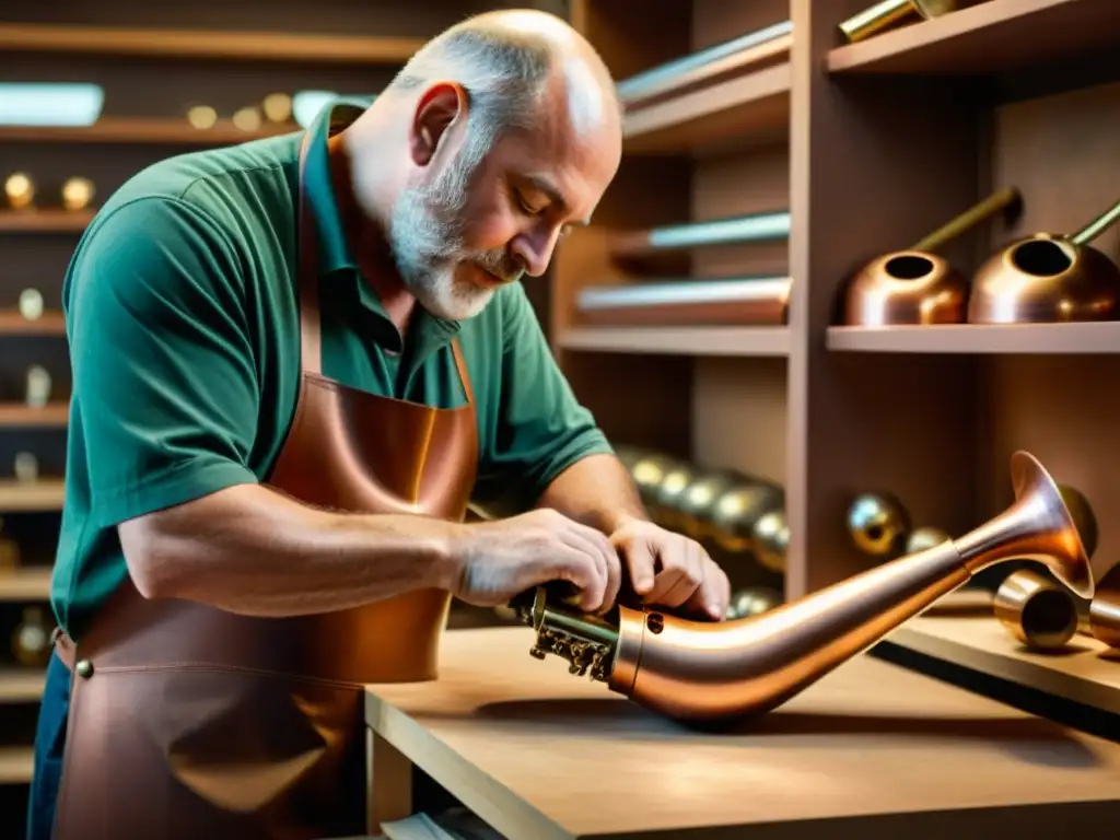 Artesano dando forma a campana de saxofón de cobre