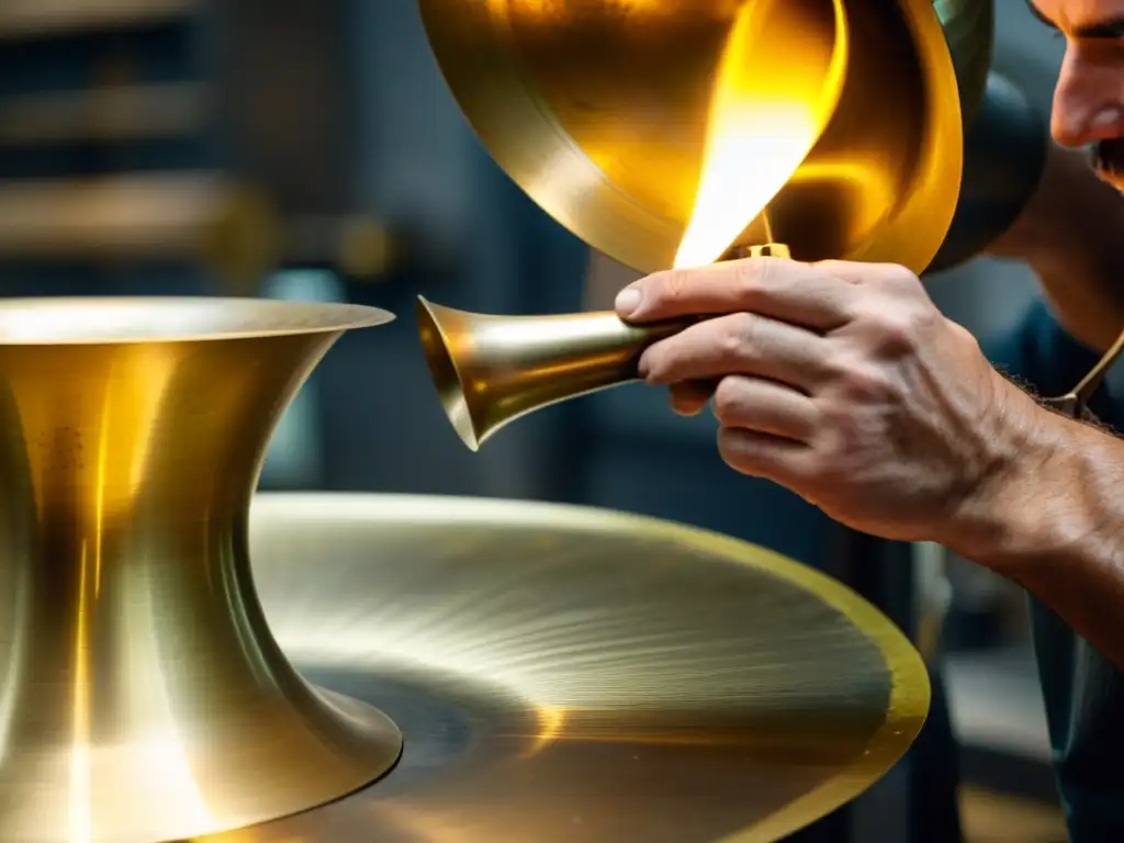 Artesano dando forma a una campana de trompeta en latón, reflejando la artesanía y precisión en la fabricación de instrumentos musicales