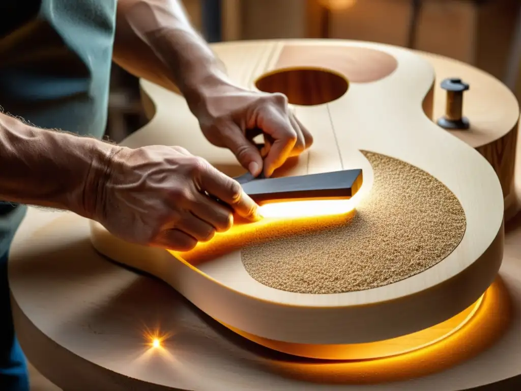 Un artesano luthier da forma a una guitarra ergonómica con destreza, en una atmósfera cálida y llena de detalle