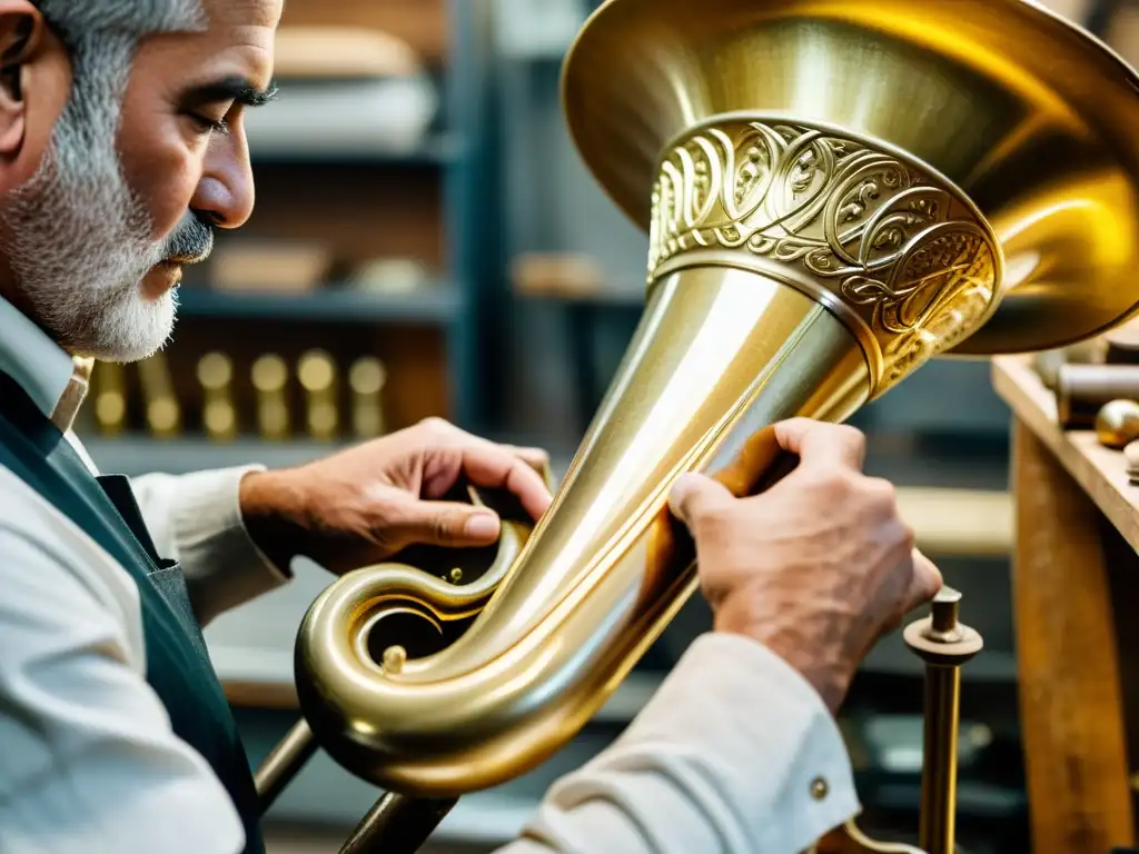 Un artesano da forma a una tuba con meticulosidad en un taller tradicional